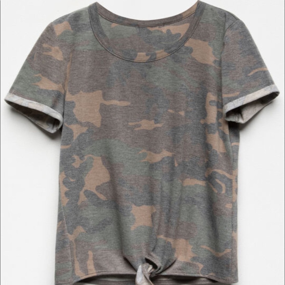 Camouflage top with a cute tie in the front!